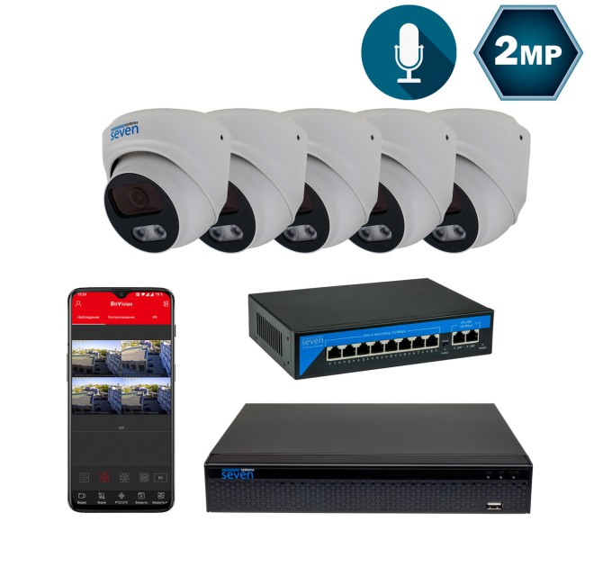 Комплект відеоспостереження на 5 купольних 2 Мп IP-камери SEVEN IP-7212W5-2MP