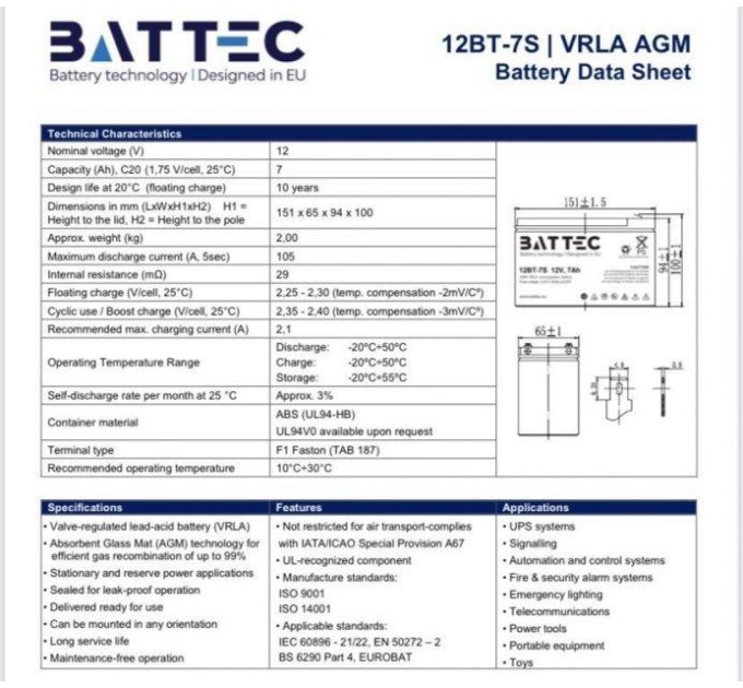 Акумуляторна батарея 12В/7Аг BATTEC