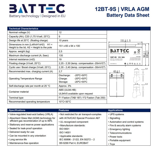 Акумуляторна батарея 12В/9Аг BATTEC