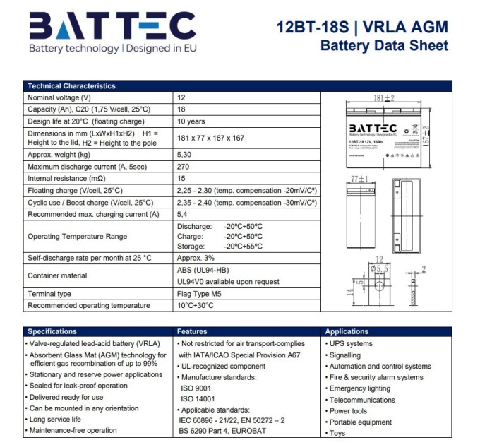 Акумуляторна батарея 12В/18Аг BATTEC