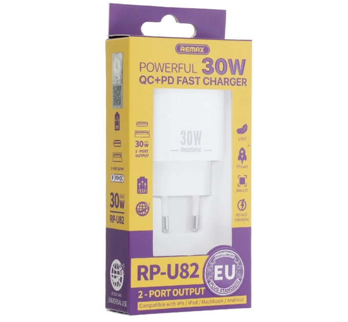 Мережевий зарядний пристрій Remax RP-U82 PD+QC 3.0 з 1USB/1Type-C/3A/30W white