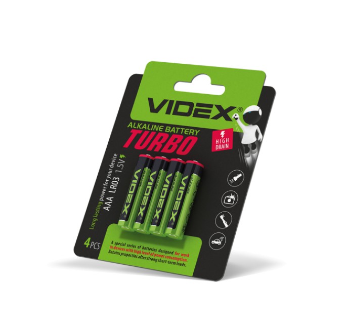 Батарейка лужна Videx LR03/AAA Turbo 4шт BLISTER (40/720)