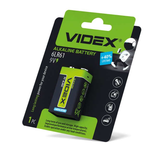 Батарейка лужна Videx 6LR61/9V (Крона) 1шт BLISTER