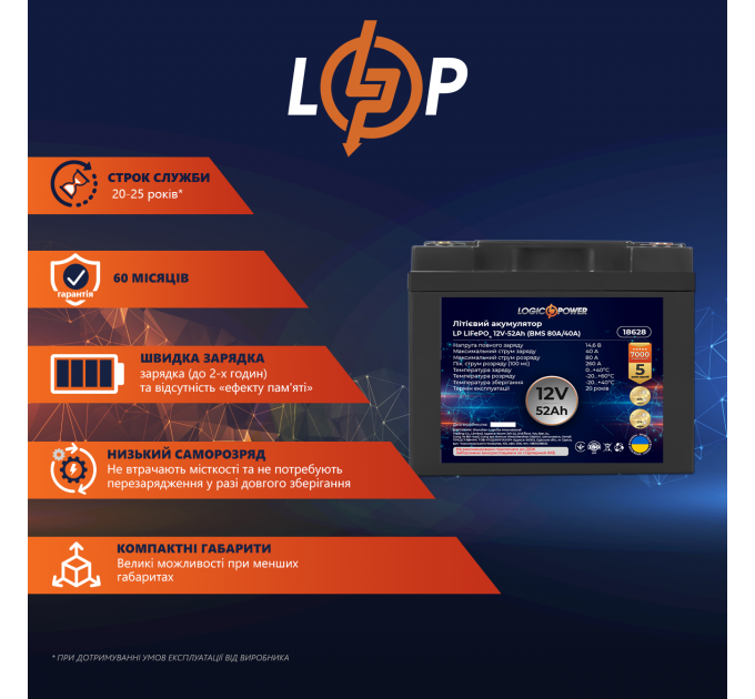 Акумулятор LP LiFePO4 12V (12,8V) - 52 Ah (665Wh) (BMS 80A/40А) пластик