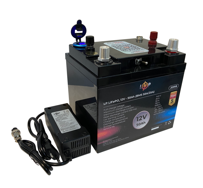 Акумулятор LP LiFePO4 універсальний із зарядним пристроєм 12V (12,8V) - 50 Ah (640Wh) (BMS 50A/25А) пластик