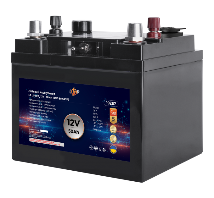 Акумулятор переносний з USB та роз. 12V LP LiFePO4 12V (12,8V) - 50 Ah (640Wh) (BMS 50A/25А) пластик с З.У.