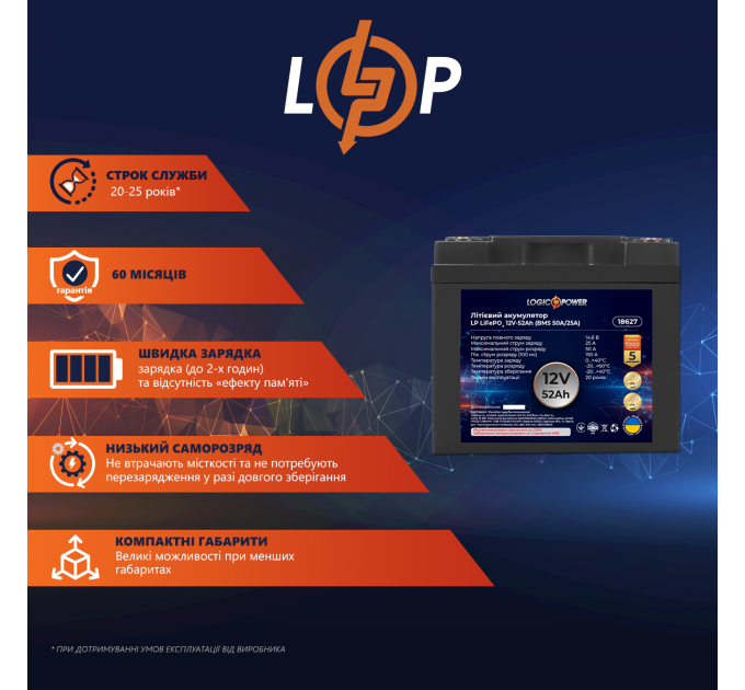 Акумулятор LP LiFePO4 12V (12,8V) - 52 Ah (665Wh) (BMS 50A/25А) пластик