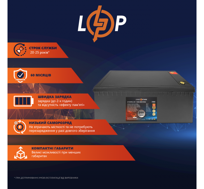 Акумулятор LP LiFePO4 24V (25,6V) - 140 Ah (3584Wh) (BMS 150A) пластик