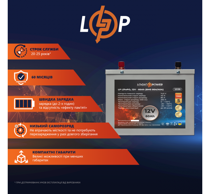 Акумулятор LP LiFePO4 12V (12,8V) - 60 Ah (768Wh) (BMS 80A/40A) металл