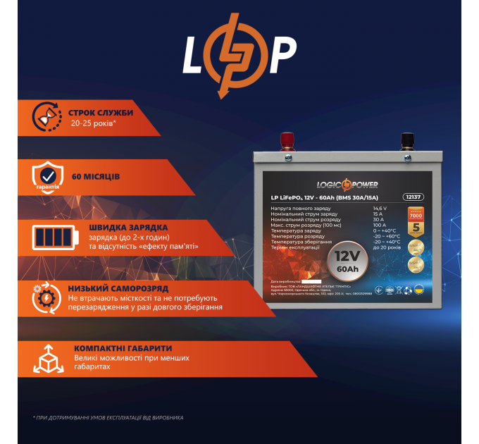 Акумулятор LP LiFePO4 12V (12,8V) - 60 Ah (768Wh) (BMS 30A/15A) металл