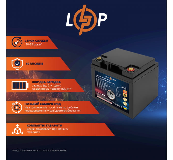 Акумулятор LP LiFePO4 для ДБЖ 12V (12,8V) - 52 Ah (665Wh) (BMS 50A/25А)