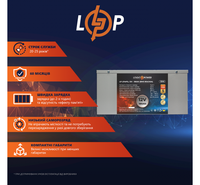 Акумулятор LP LiFePO4 12V (12,8V) - 180 Ah (2304Wh) (BMS 80A/40A) металл