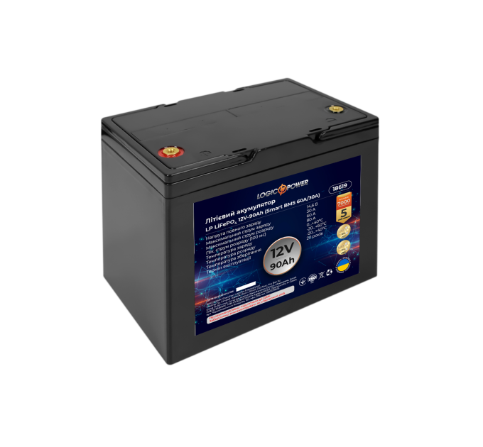 Акумулятор LP LiFePO4 12V (12,8V) - 90 Ah (1152Wh) (Smart BMS 60A/30А) пластик