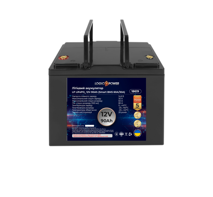Акумулятор LP LiFePO4 12V (12,8V) - 90 Ah (1152Wh) (Smart BMS 60A/30А) пластик