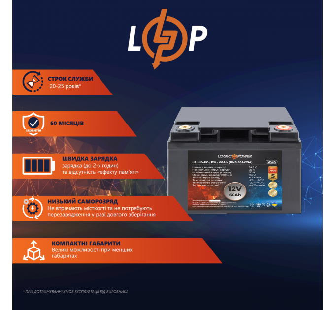 Акумулятор LP LiFePO4 12V (12,8V) - 60 Ah (768Wh) (BMS 50A/25А) пластик