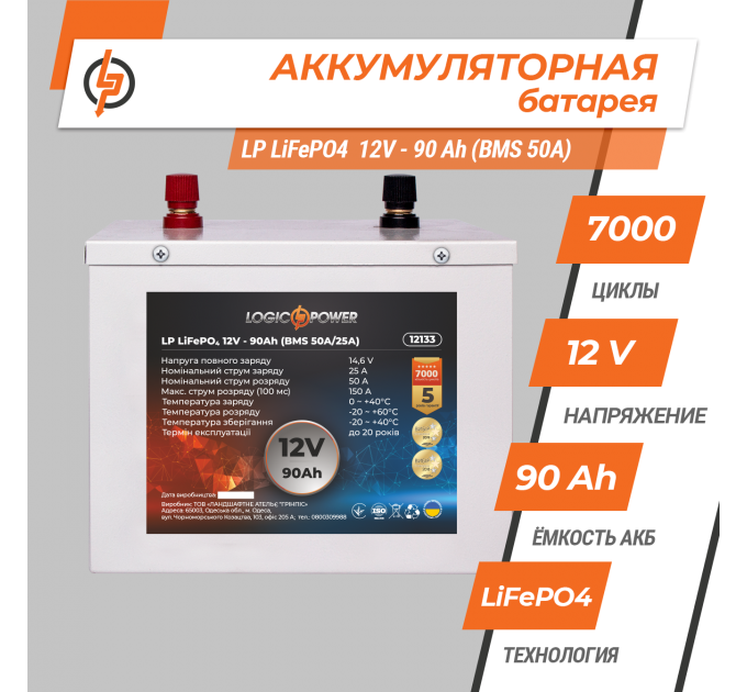 Акумулятор LP LiFePO4 12V (12,8V) - 90 Ah (1152Wh) (BMS 50A/25A) металл