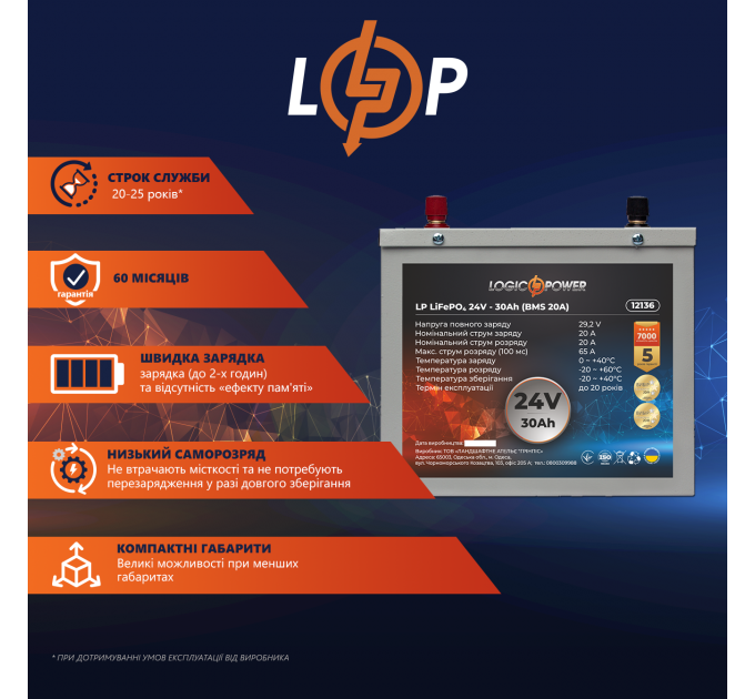 Акумулятор LP LiFePO4 24V (25,6V) - 30 Ah (768Wh) (BMS 20A) металл