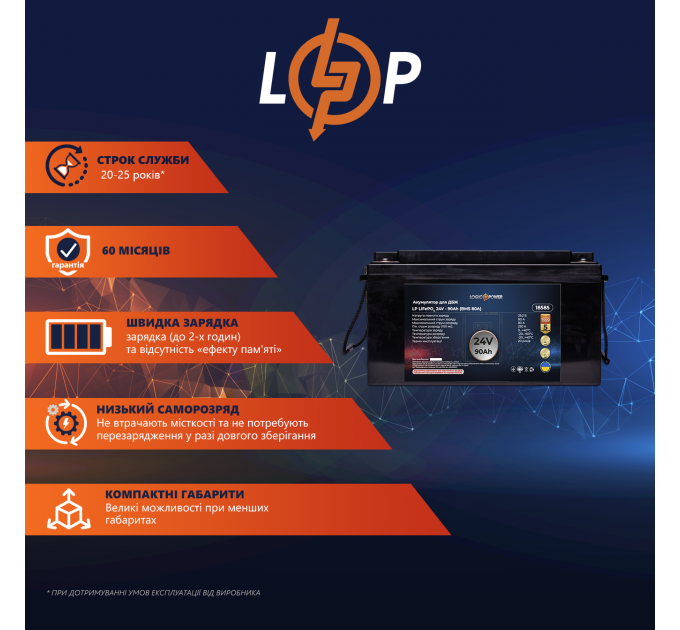 Акумулятор LP LiFePO4 для ДБЖ 24V (25,6V) - 90 Ah (2304Wh) (BMS 80A) пластик