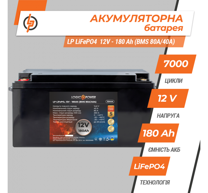 Акумулятор LP LiFePO4 12V (12,8V) - 180 Ah (2304Wh) (BMS 80A/40А) пластик