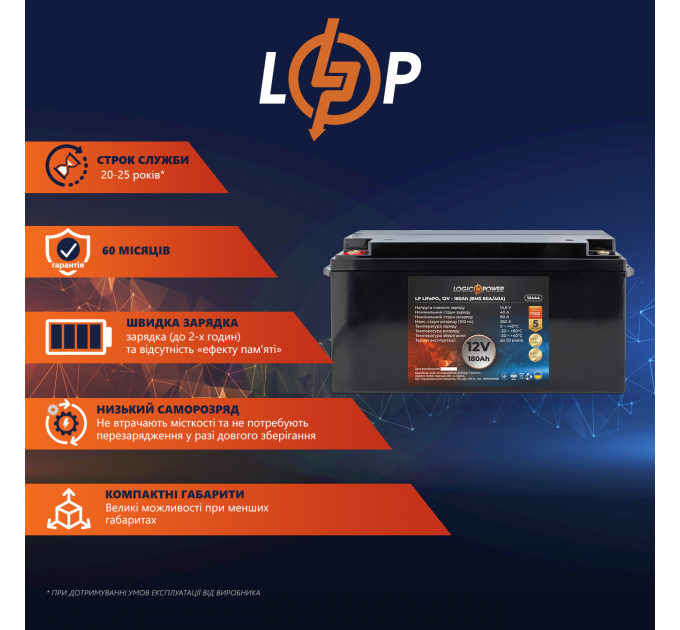 Акумулятор LP LiFePO4 12V (12,8V) - 180 Ah (2304Wh) (BMS 80A/40А) пластик