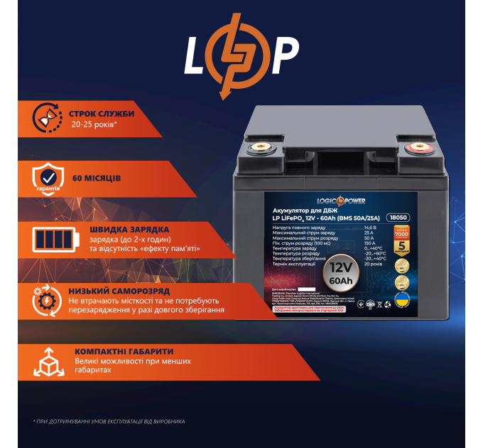 Акумулятор LP LiFePO4 для ДБЖ 12V (12,8V) - 60 Ah (768Wh) (BMS 50A/25А) пластик