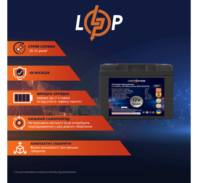 Акумулятор LP LiFePO4 12V (12,8V) - 50 Ah (640Wh) (Smart BMS 60A/30А) пластик