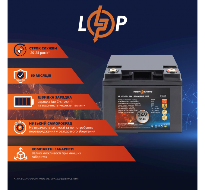 Акумулятор LP LiFePO4 24V (25,6V) - 30 Ah (768Wh) (BMS 20A) пластик