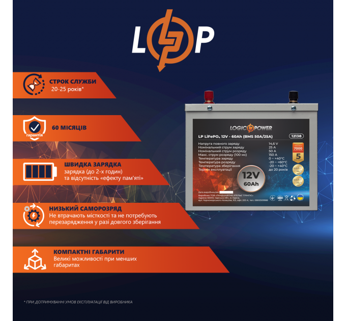 Акумулятор LP LiFePO4 12V (12,8V) - 60 Ah (768Wh) (BMS 50A/25A) металл