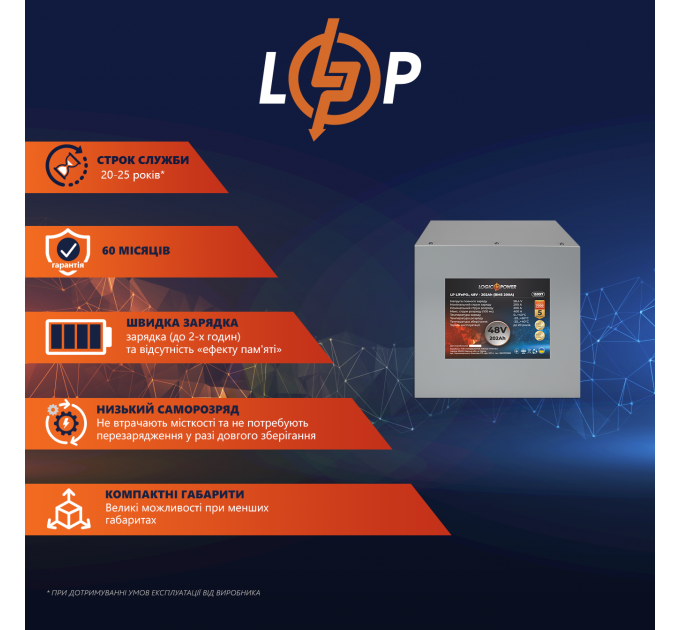 Акумулятор LP LiFePO4 48V (51,2V) - 202 Ah (10342Wh) (BMS 200A) металл