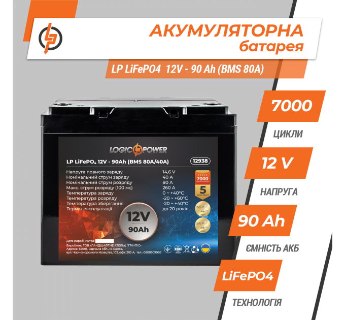 Акумулятор LP LiFePO4 12V (12,8V) - 90 Ah (1152Wh) (BMS 80A/40A) пластик