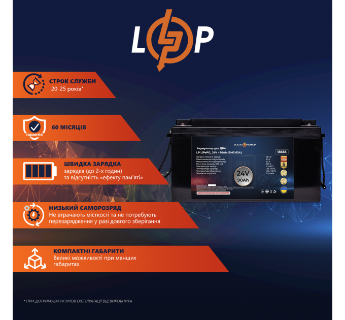 Акумулятор LP LiFePO4 для ДБЖ 24V (25,6V) - 90 Ah (2304Wh) (BMS 60A) пластик