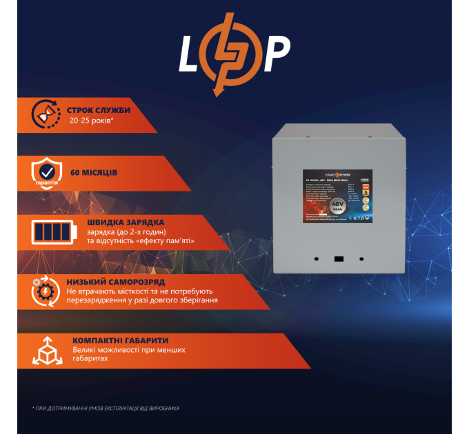 Акумулятор LP LiFePO4 48V (51,2V) - 90 Ah (4608Wh) (BMS 200A) металл