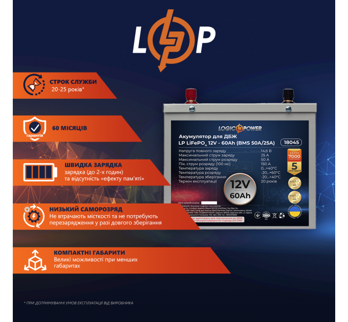 Акумулятор LP LiFePO4 для ДБЖ 12V (12,8V) - 60 Ah (768Wh) (BMS 50A/25A) металл