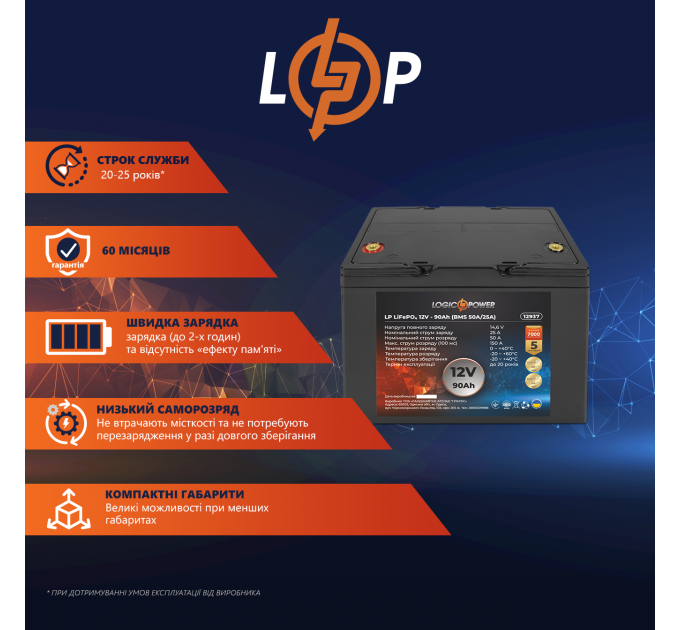 Акумулятор LP LiFePO4 12V (12,8V) - 90 Ah (1152Wh) (BMS 50A/25A) пластик