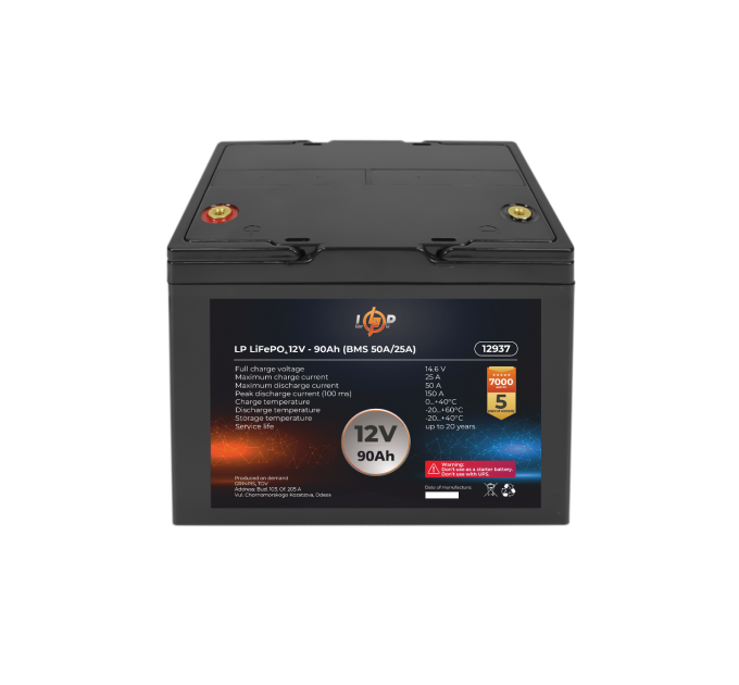 Акумулятор LP LiFePO4 12V (12,8V) - 90 Ah (1152Wh) (BMS 50A/25A) пластик