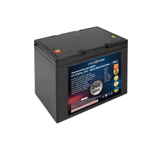 Акумулятор LP LiFePO4 24V (25,6V) - 52 Ah (1331Wh) (BMS 60A/30A) пластик для ДБЖ
