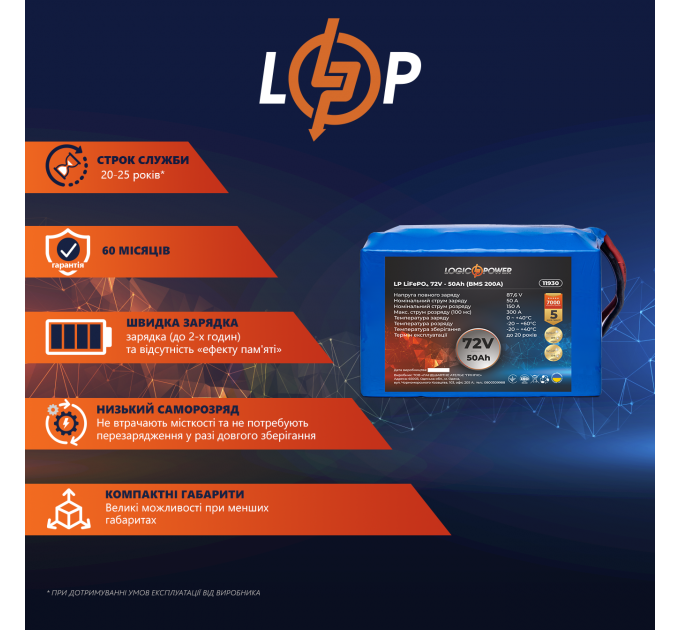 Акумулятор LP LiFePO4 72V (76,8V) - 50 Ah (3840Wh) (BMS 200A)