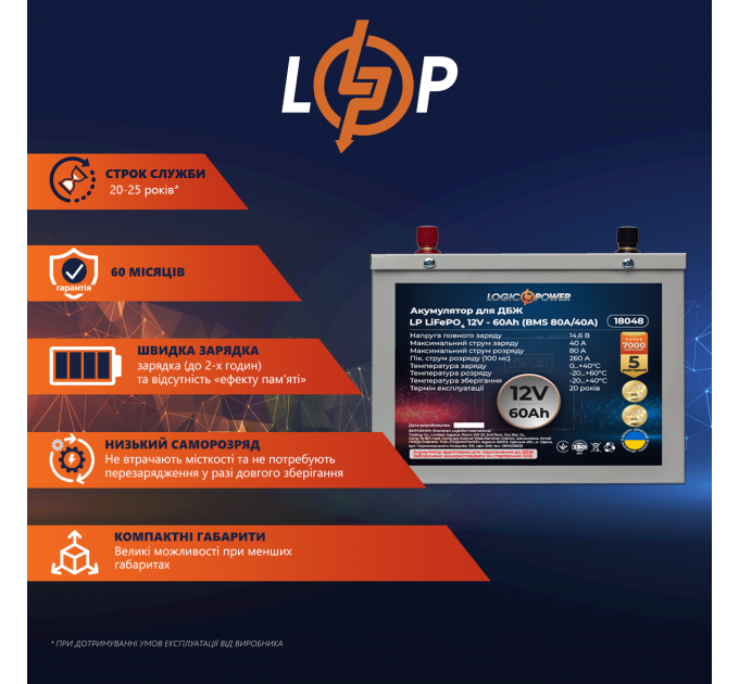 Акумулятор LP LiFePO4 для ДБЖ 12V (12,8V) - 60 Ah (768Wh) (BMS 80A/40A) металл