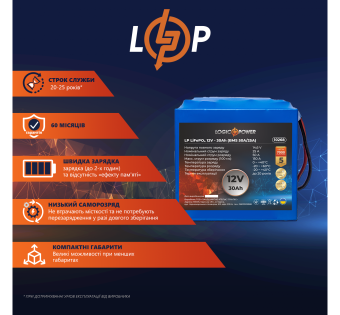 Акумулятор LP LiFePO4 12V - 30 Ah (BMS 50A/25A)