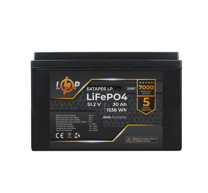 Акумулятор LP LiFePO4 51,2V - 30 Ah (1536Wh) (BMS 80A/40А) пластик