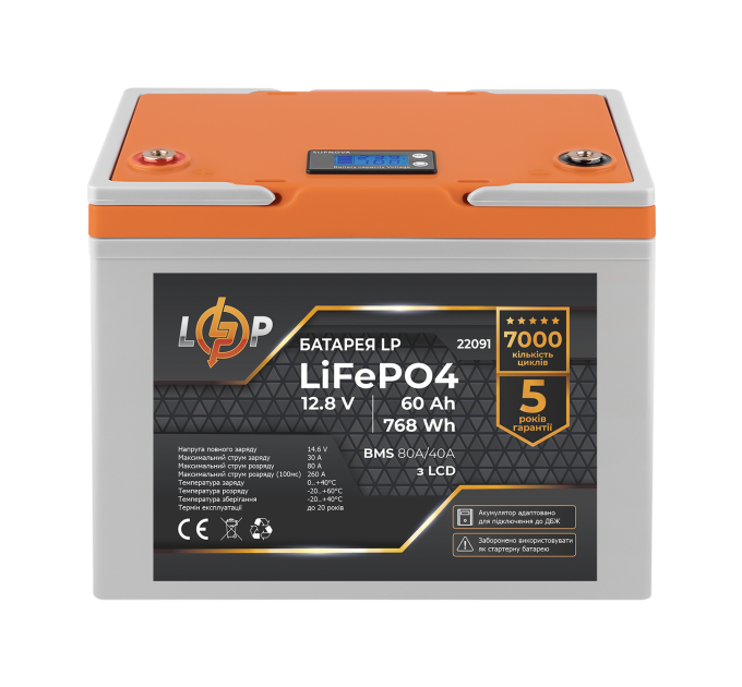 Акумулятор LP LiFePO4 12,8V - 60 Ah (768Wh) (BMS 80A/40А) пластик LCD для ДБЖ