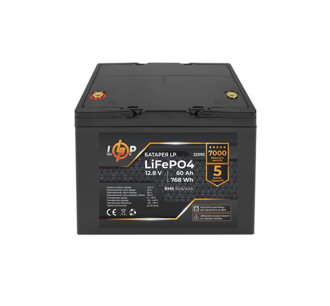 Акумулятор LP LiFePO4 12,8V - 60 Ah (768Wh) (BMS 80A/40А) пластик для ДБЖ