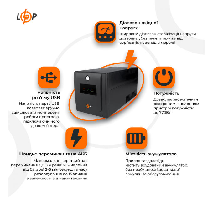 Лінійно-інтерактивне ДБЖ LPM-U1100VA-P (770Вт)
