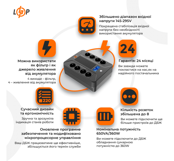 Лінійно-інтерактивне ДБЖ LP-650VA-8PS (360Вт)