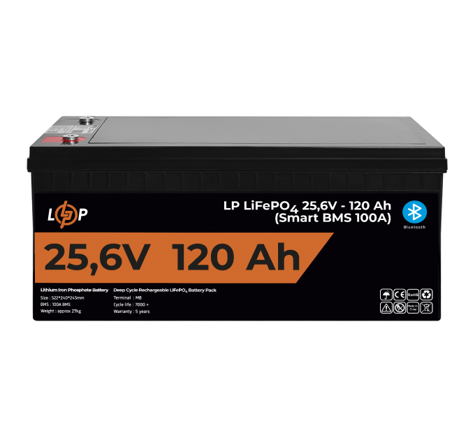 Акумулятор LP LiFePO4 25,6V - 120 Ah (3072Wh) (Smart BMS 100А) з BT пластик для ДБЖ