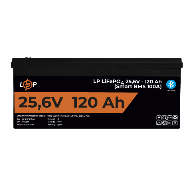 Акумулятор LP LiFePO4 25,6V - 120 Ah (3072Wh) (Smart BMS 100А) з BT пластик для ДБЖ