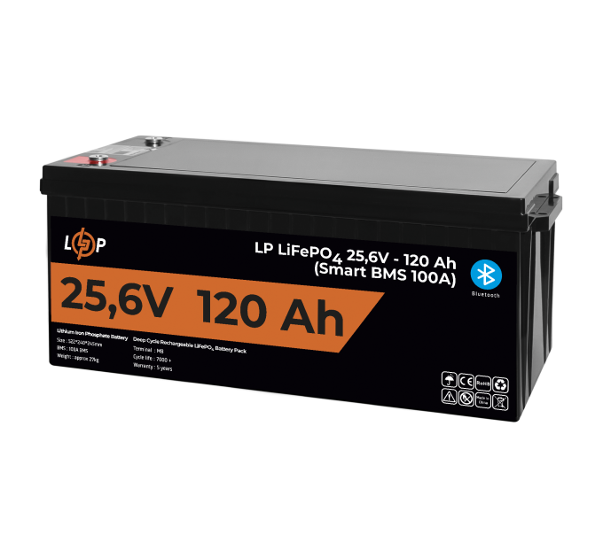 Акумулятор LP LiFePO4 25,6V - 120 Ah (3072Wh) (Smart BMS 100А) з BT пластик для ДБЖ