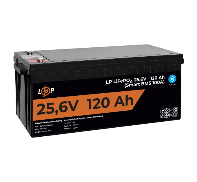 Акумулятор LP LiFePO4 25,6V - 120 Ah (3072Wh) (Smart BMS 100А) з BT пластик для ДБЖ