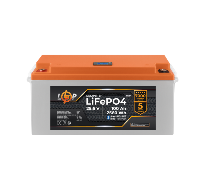 Акумулятор LP LiFePO4 25,6V - 100 Ah (2560Wh) (BMS 100A/50А) пластик LCD Smart BT