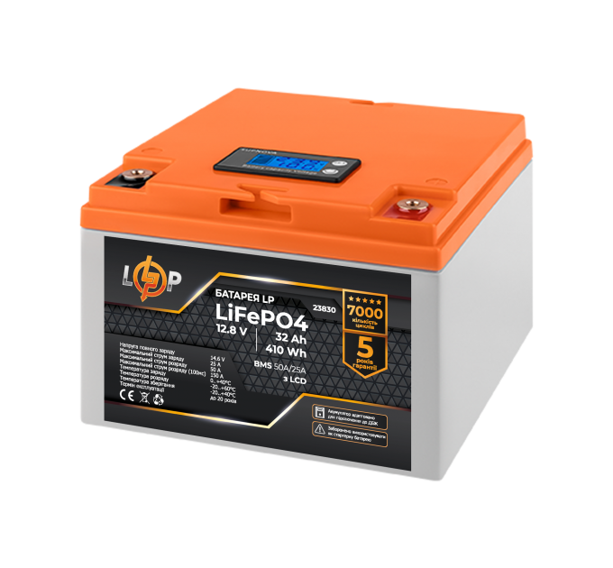 Акумулятор LP LiFePO4 12,8V - 32 Ah (410Wh) (BMS 50А/25A) пластик LCD для ДБЖ